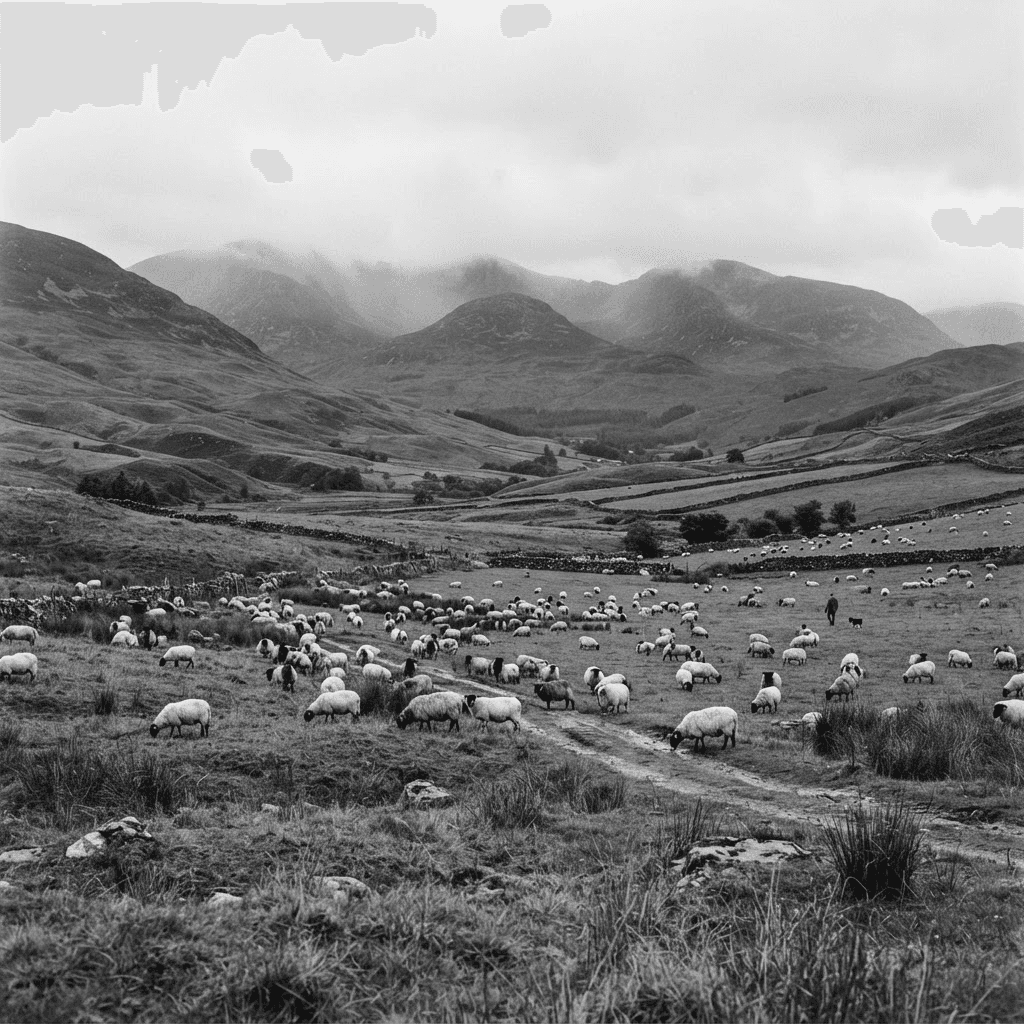 A flock of sheep grazing in a green valley beneath misty mountains